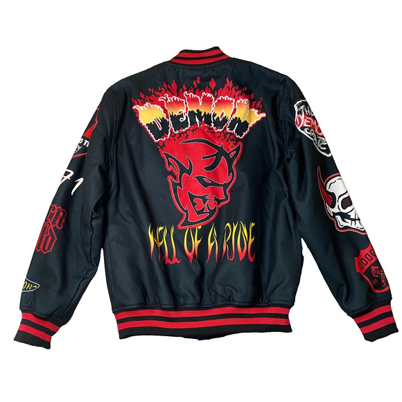 Dodge x Reason Men Varsity Bomber Jacket Limited Edition M Black Demon Flame NEW - Picture 2 of 13